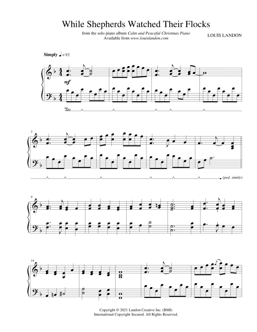 While Shepherds Watched Their Flocks - Traditional Christmas - Louis Landon - Solo Piano (arr. Louis Landon)