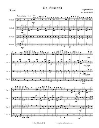Oh! Susanna for mixed level cello ensemble or quartet (four cellos) (arr. Yellow Cello Music)