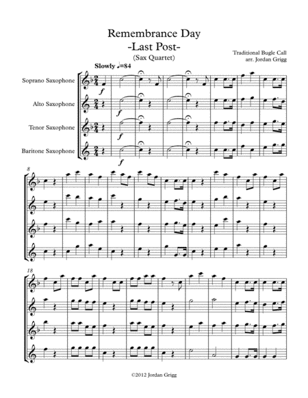 Remembrance Day. 'Last Post' (Sax Quartet) (arr. Jordan Grigg)