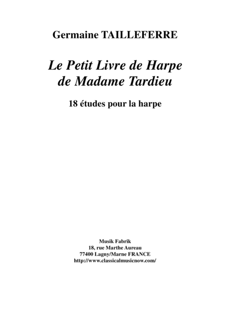 Germaine Tailleferre:  Le Petit Livre de Harpe de Madame Tardieu, 18 études for the harp