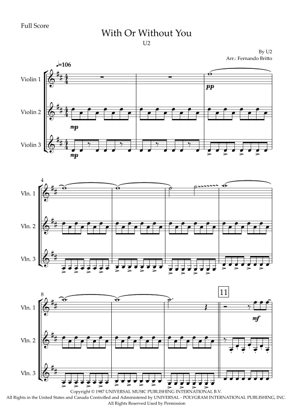 With Or Without You (arr. Fabio Britto)