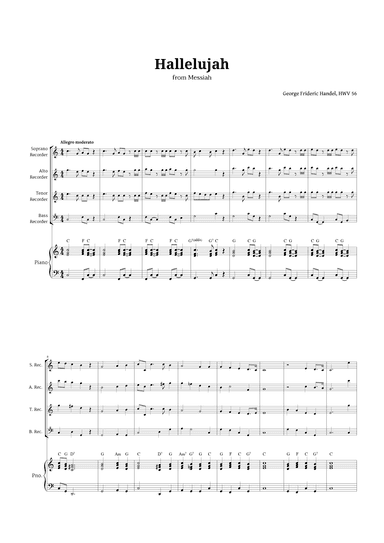 Hallelujah by Handel for Recorder Quartet and Piano (arr. Langanho)