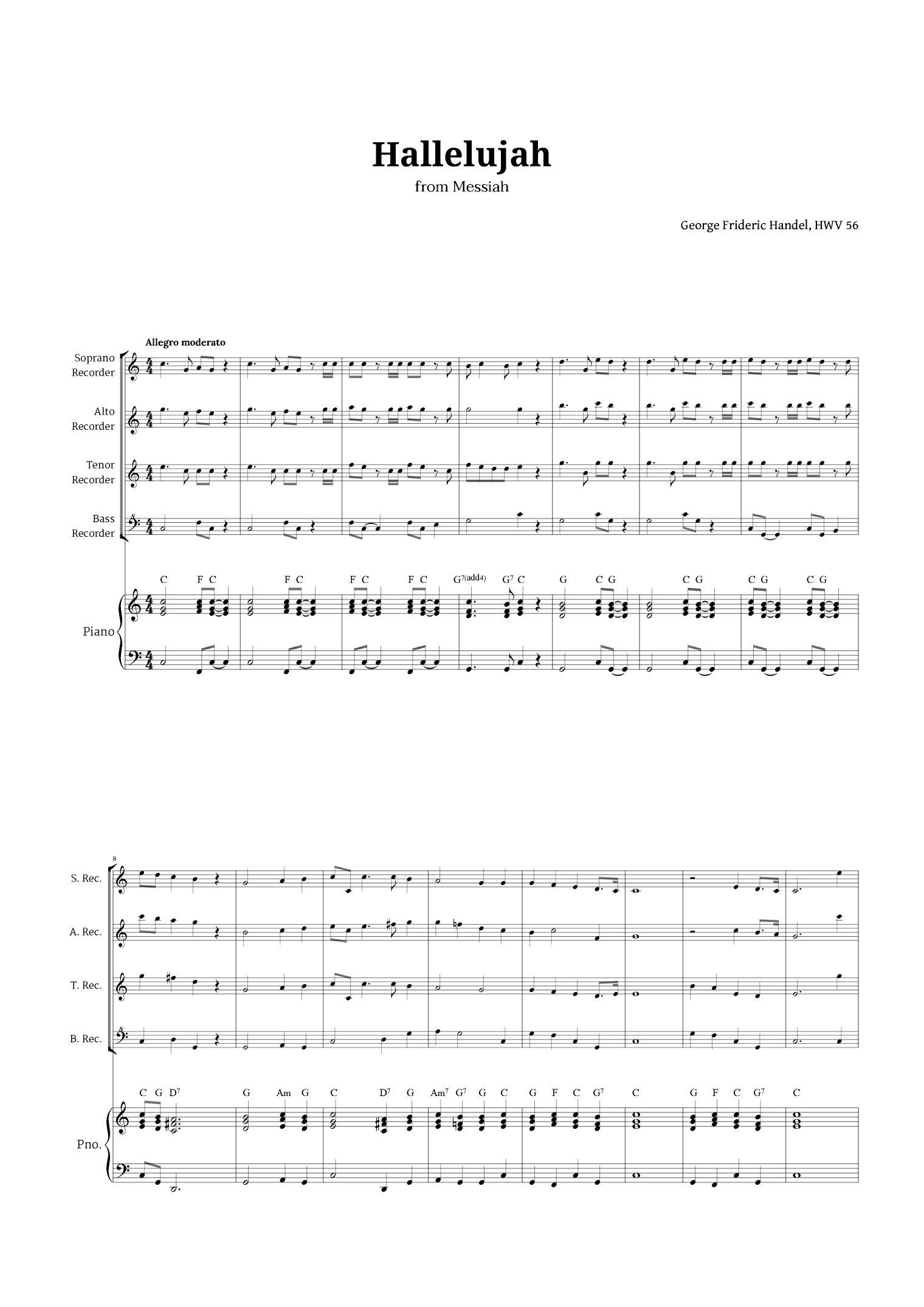 Hallelujah by Handel for Recorder Quartet and Piano (arr. Langanho)