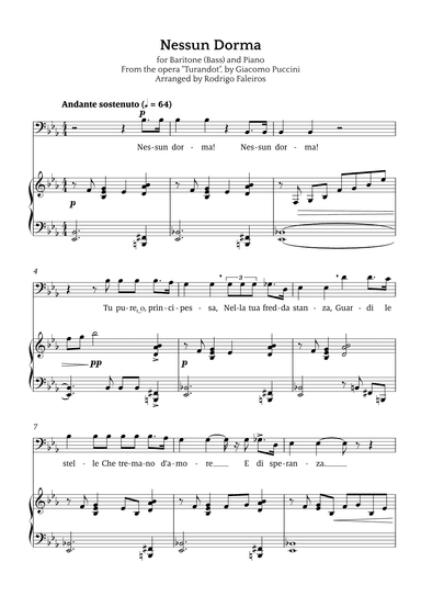 Nessun Dorma (for baritone or bass and piano) (arr. Rodrigo Faleiros)