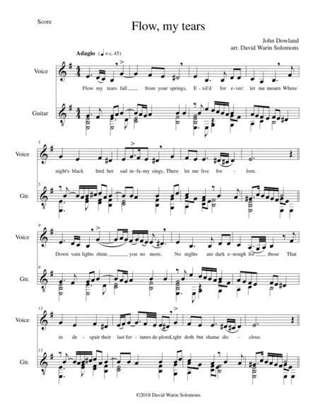 Flow my tears by John Dowland transposed to E minor for alto or baritone and guitar (arr. David Warin Solomons)