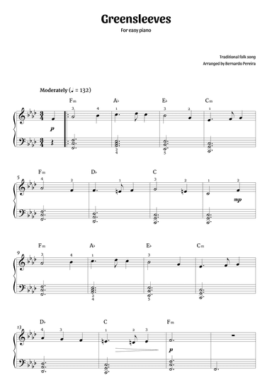Greensleeves (easy piano – F minor) (arr. Bernardo Pereira)