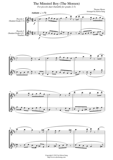 The Minstrel Boy (The Moreen) (for piccolo duet, suitable for grades 2-5) (arr. Edwin Sung)