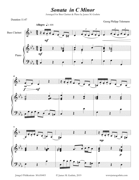 Telemann: Sonata in C Minor for Bass Clarinet & Piano (arr. James M. Guthrie, ASCAP)