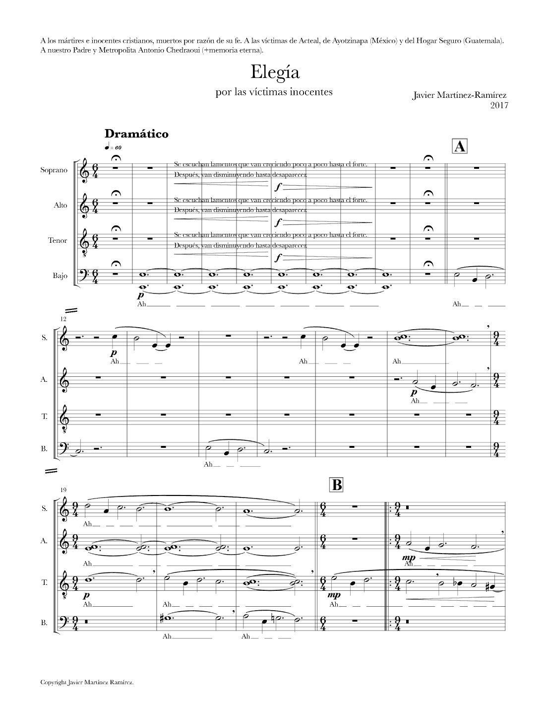 Elegía por las víctimas inocentes for mixed choir (SATB with divisi)