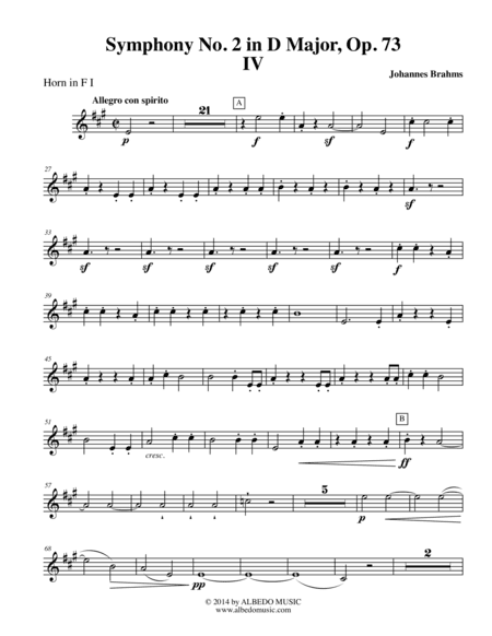 Brahms Symphony No. 2, Movement IV - Horn in F 1 (Transposed Part), Op. 73 (arr. Doug Clyde)