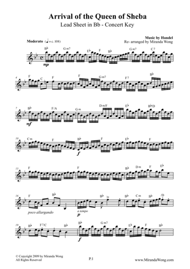 Arrival of Queen of Sheba - Lead Sheet in Bb  (Concert Key) (arr. Miranda Wong)