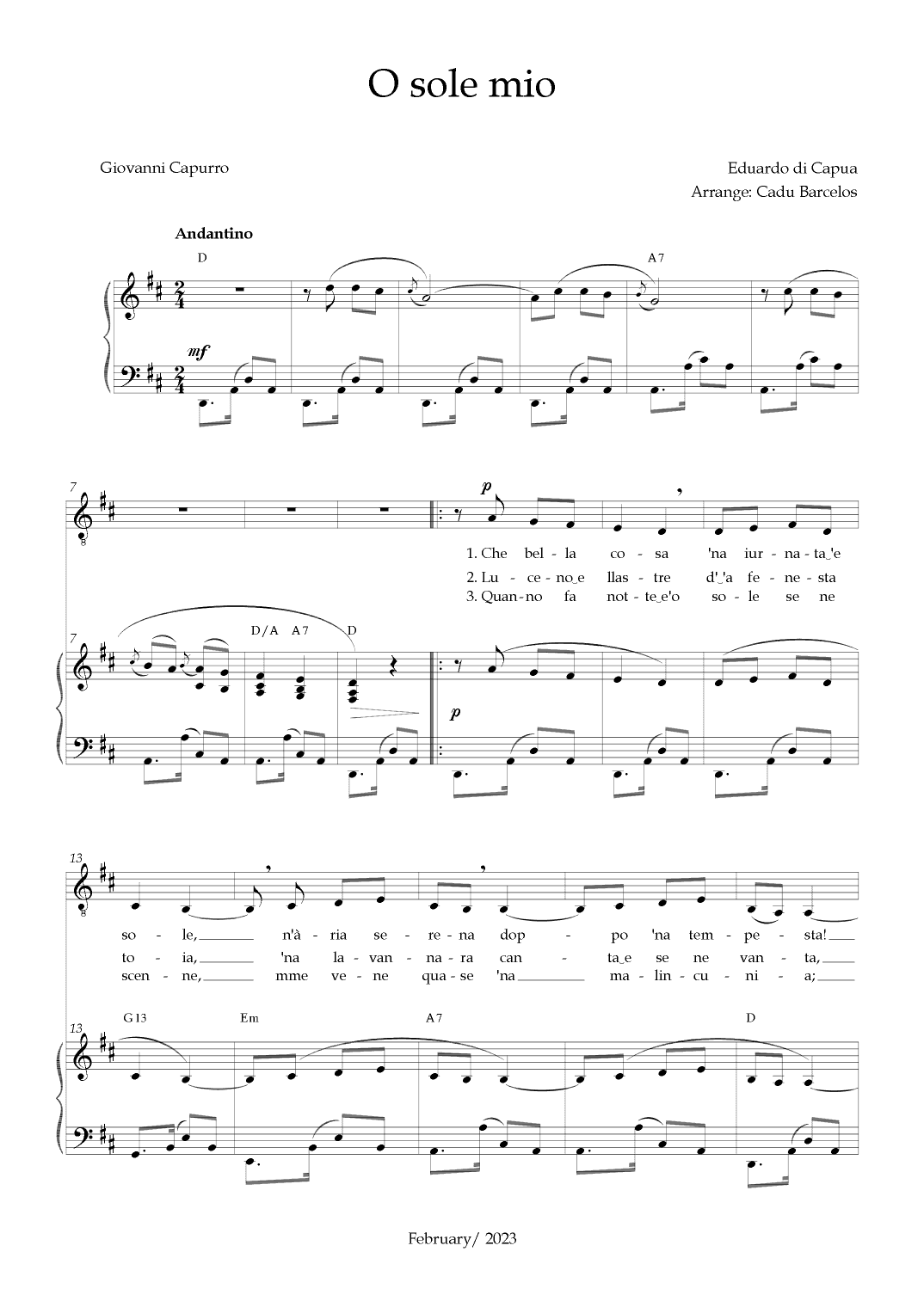 O Sole Mio (Eduardo di Capua) - D Major Chords (arr. Cadu Barcelos)