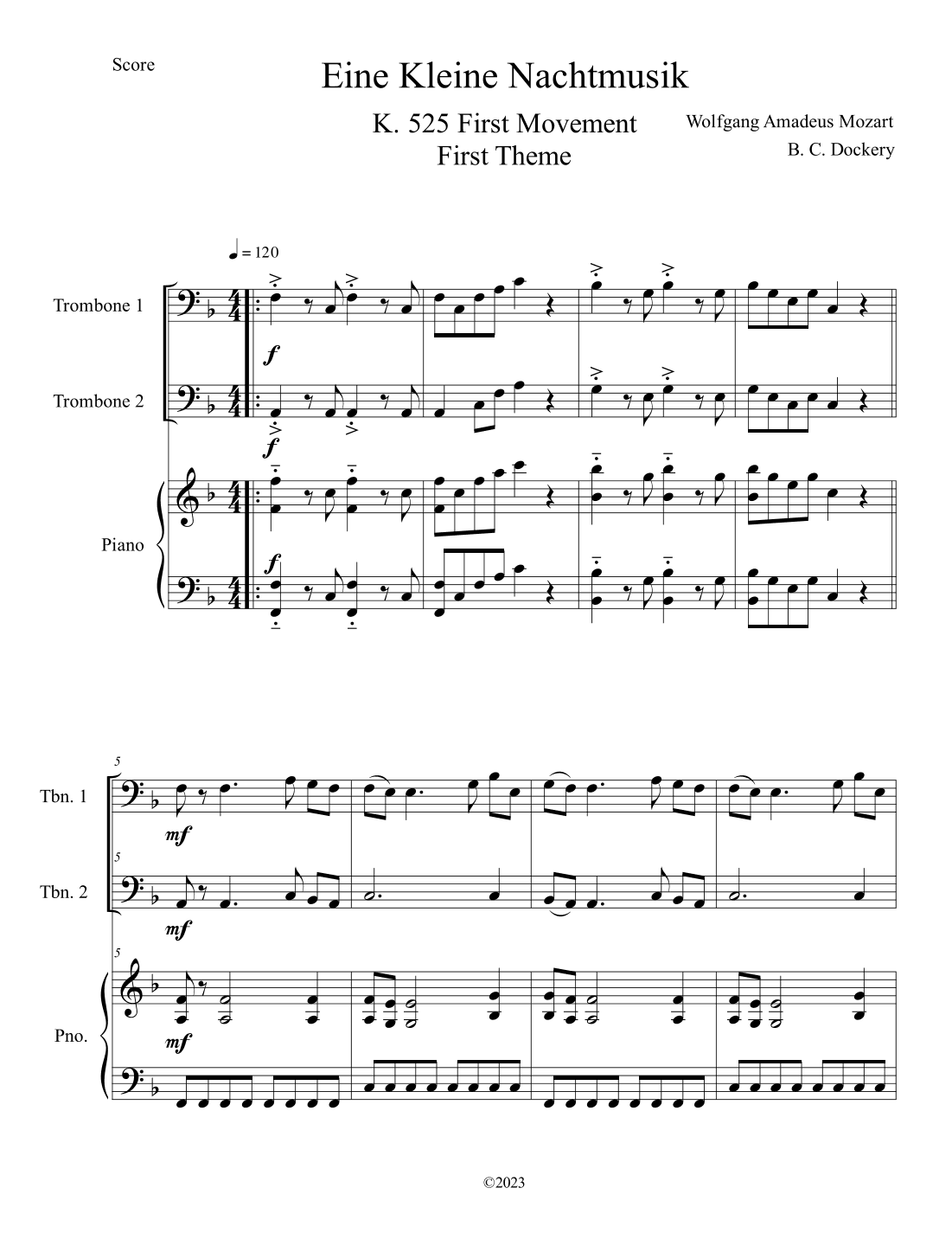 Eine Kleine Nachtmusik (A Little Night Music) for Trombone Duet with Piano Accompaniment (arr. B. C. Dockery)
