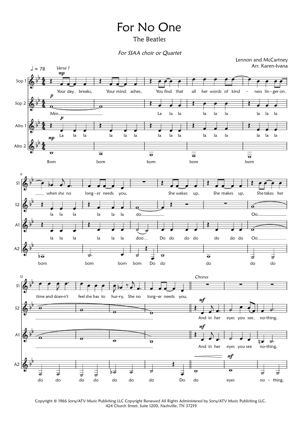 For No One (arr. Karen Ivana)