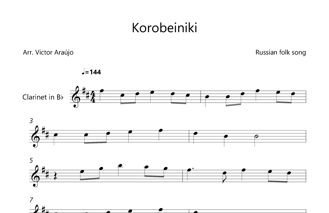 Korobeiniki  (from Tetris) - Clarinet Lead Sheet (arr. Victor Araújo)