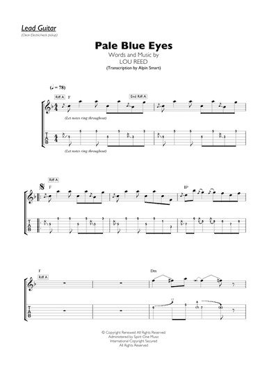 Pale Blue Eyes (arr. Alpin Smart (Transcription for Guitar [TAB]w/chord symbols/lyric sheet)