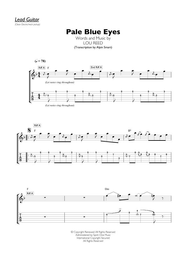 Pale Blue Eyes (arr. Alpin Smart (Transcription for Guitar [TAB]w/chord symbols/lyric sheet)