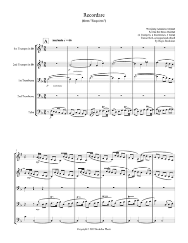 Recordare (from "Requiem") (F) (Brass Quintet - 2 Trp, 2 Trb, 1 Tuba) (arr. Regis Bookshar)