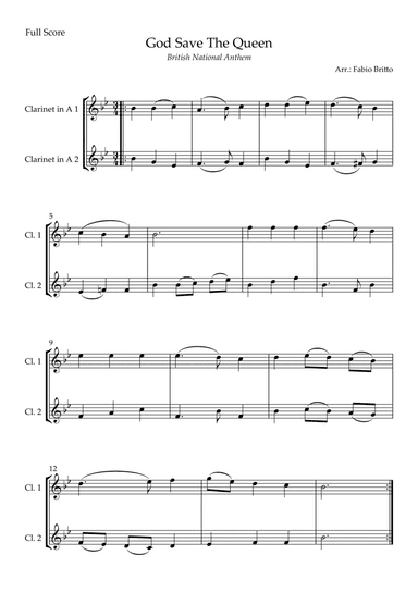 God Save The Queen (British National Anthem) for Clarinet in A Duo (arr. Fabio Britto)