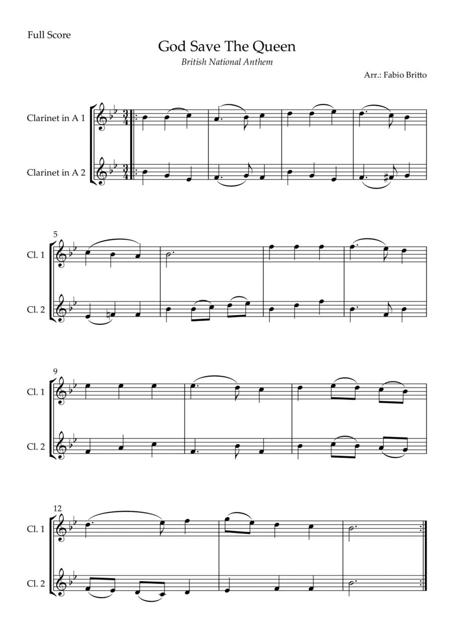 God Save The Queen (British National Anthem) for Clarinet in A Duo (arr. Fabio Britto)