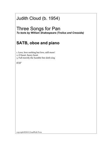 Three Songs for Pan To texts by William Shakespeare for SATB, oboe & piano