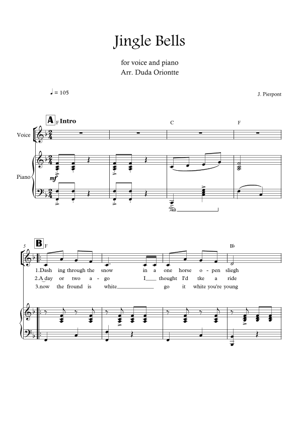 Jingle Bells (F major - one voice - with chords) (arr. Duda Oriontte)