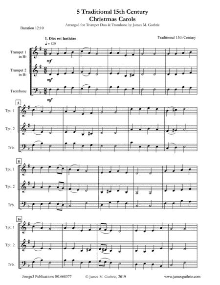 5 Traditional 15th Century Christmas Carols for Trumpet Duo & Trombone (arr. James M. Guthrie, ASCAP)