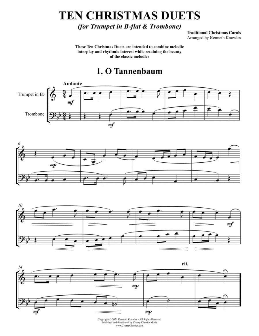 Ten Christmas Carol Duets for Trumpet in B-flat and Trombone (arr. Kenneth Knowles)