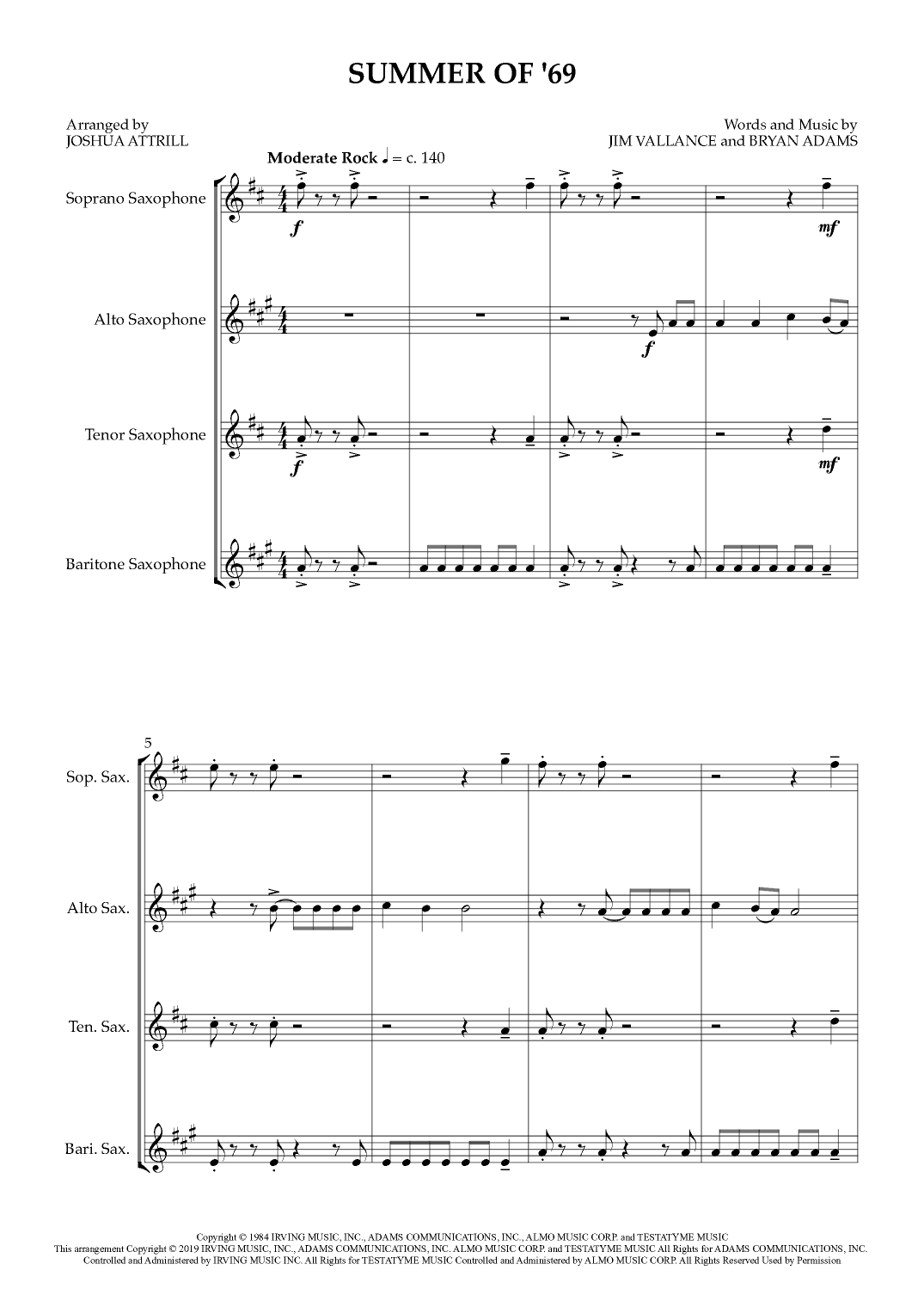 Summer Of '69 (arr. Joshua Attrill)