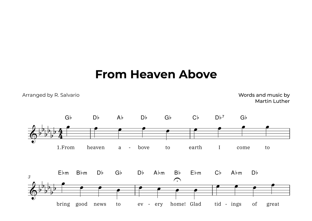 From Heaven Above (Key of G-Flat Major) (arr. R. Salvario)