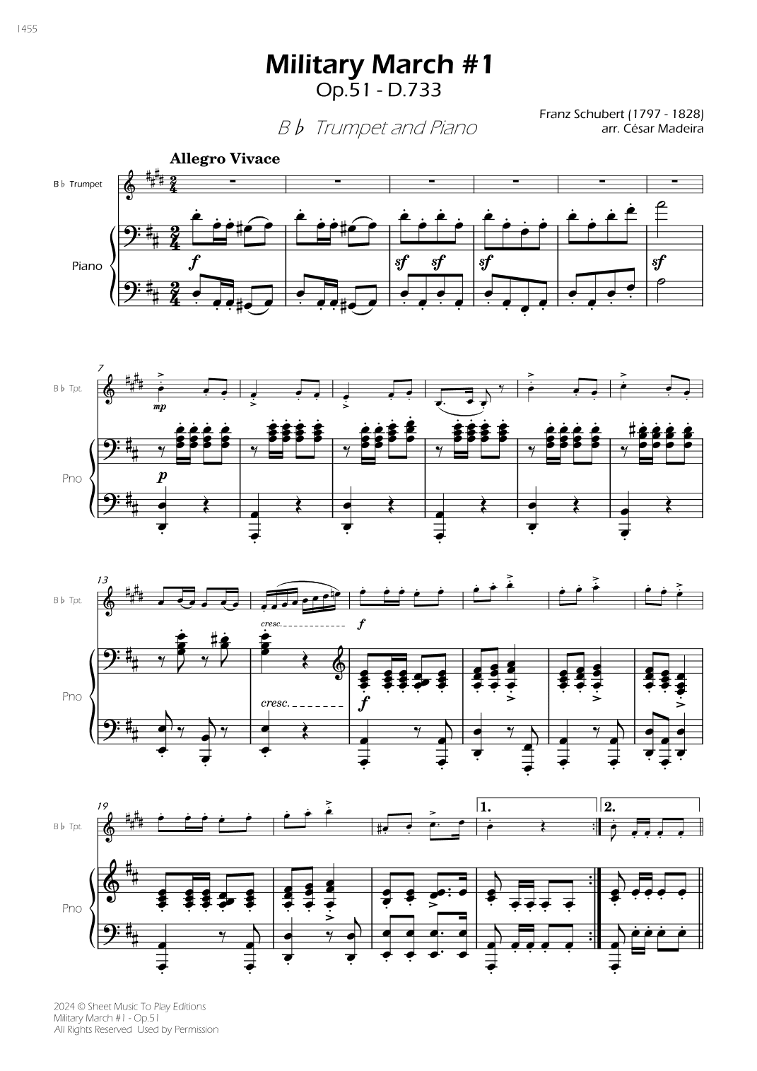 Military March No.1, Op.51 - Bb Trumpet and Piano (Full Score) (arr. César Madeira)