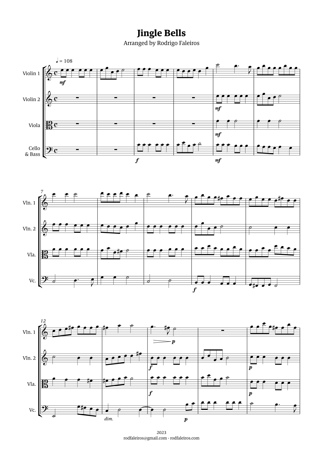 Jingle Bells (fugue style for string quartet) (arr. Rodrigo Faleiros)