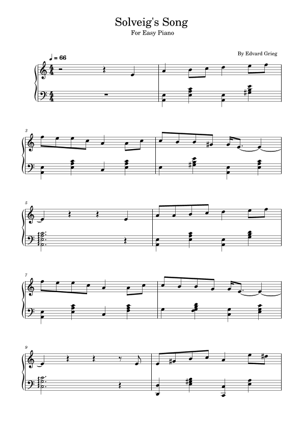 Edvard Grieg,Solveig's Song,For Easy Piano Solo,Peer Gynt Suite No.2, Op.55 (arr. poon)