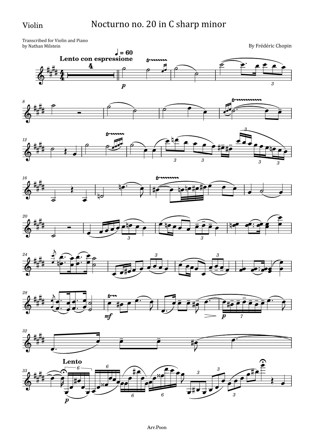 Chopin Nocturne No.20 in C-sharp minor B.49 - For Violin Solo Original (arr. poon)