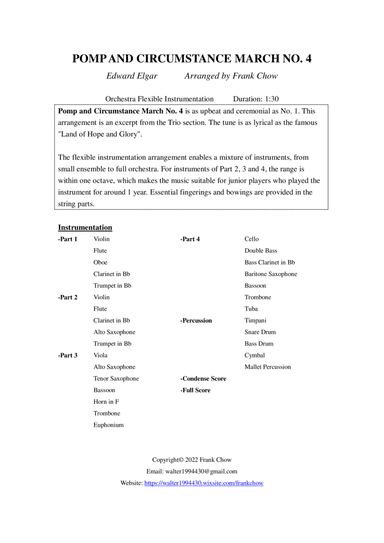 Pomp and Circumstance March No. 4 (Orchestra/Concert Band Flexible Instrumentation) (arr. Frank Chow)