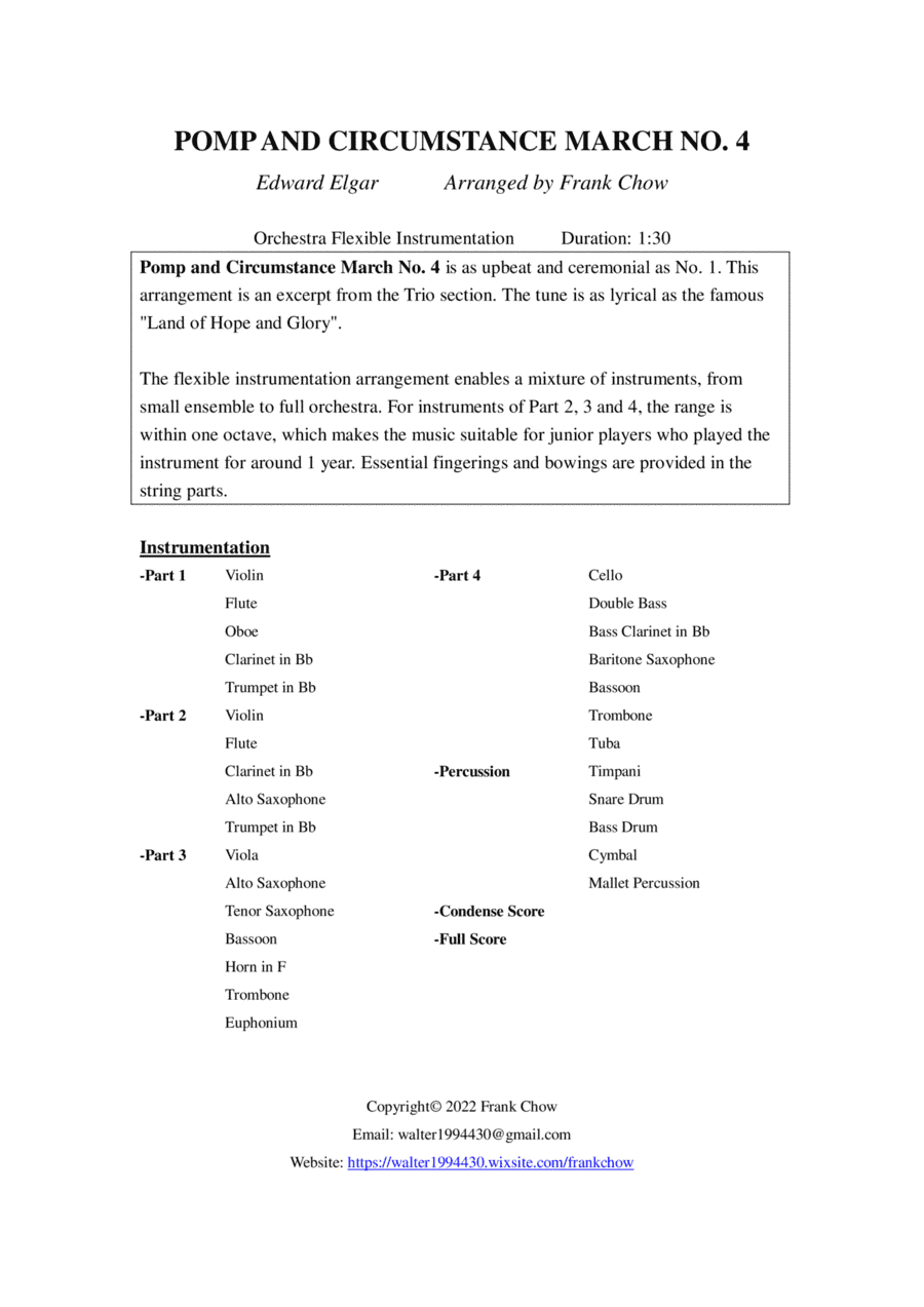 Pomp and Circumstance March No. 4 (Orchestra/Concert Band Flexible Instrumentation) (arr. Frank Chow)