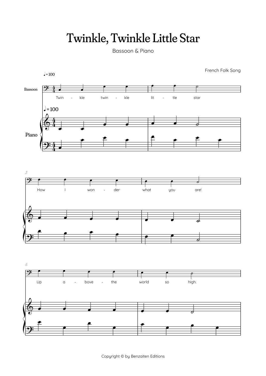 Twinkle, Twinkle Little Star • Easy bassoon sheet music with easy piano accompaniment (arr. Benzaiten Editions)