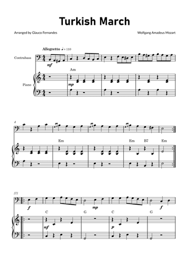 Turkish March by Mozart - Double Bass and Piano with Chord Notations (arr. Glauco Fernandes)