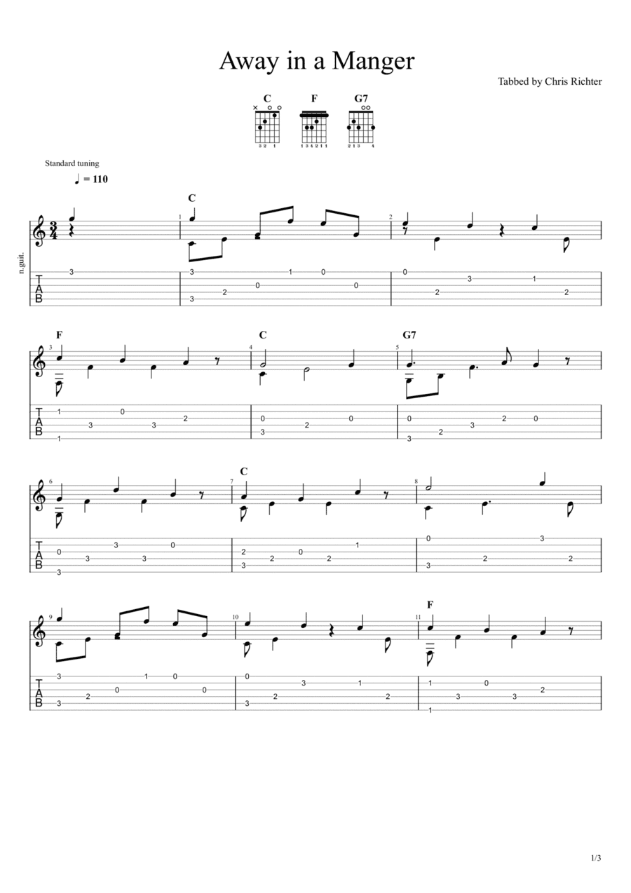 Away in a Manger (Solo Fingerstyle Guitar Tab) (arr. Chris Richter)