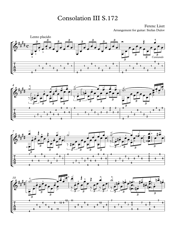 Consolation III Lento placido S.172. Classical guitar arrangement (arr. Stefan Dulov)