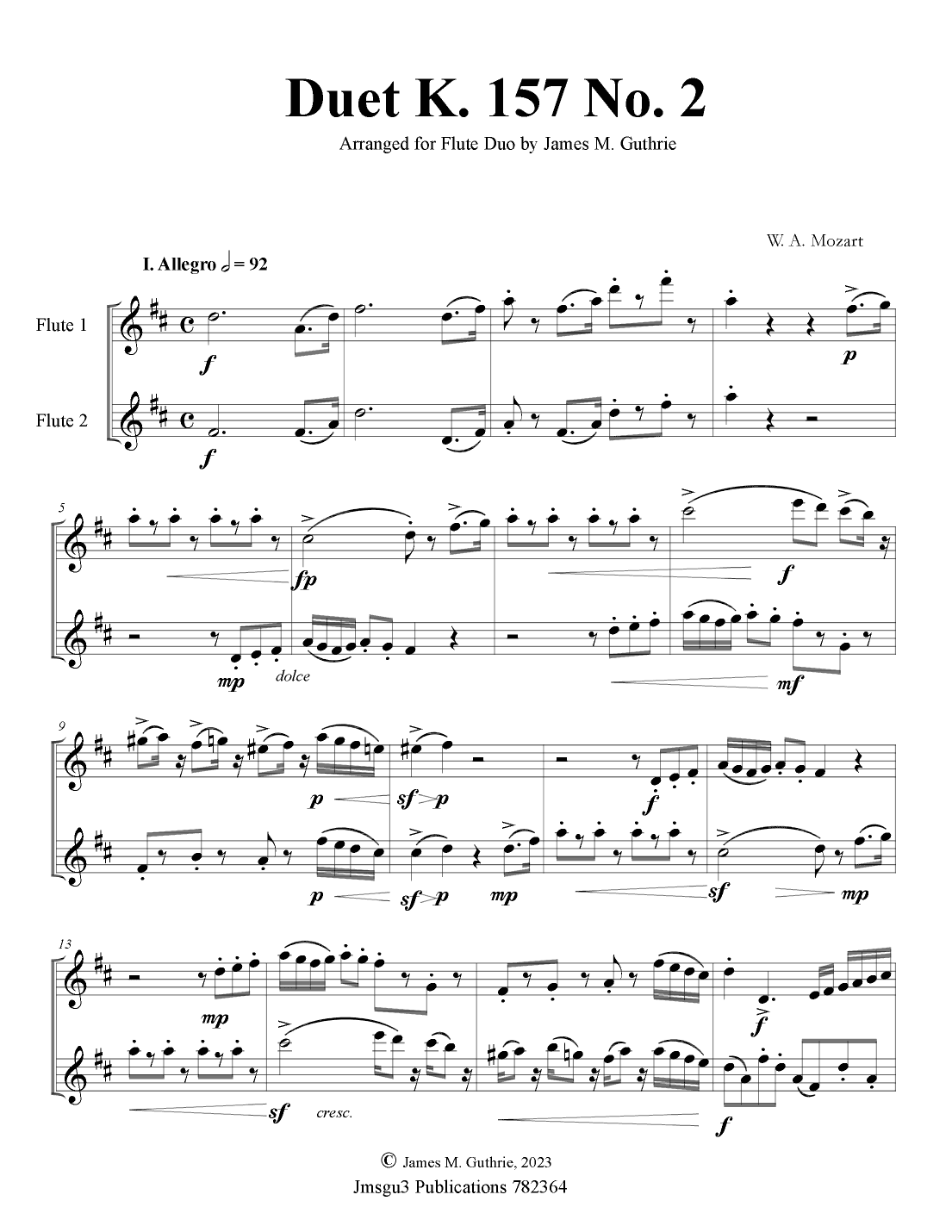Mozart: Duet K. 157 No. 2 for Flute Duo (arr. James M. Guthrie)