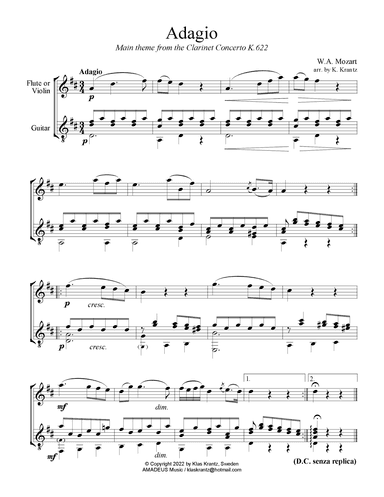 Adagio from the clarinet concerto (theme) for violin or flute and guitar (D Maj) (arr. K. Krantz)
