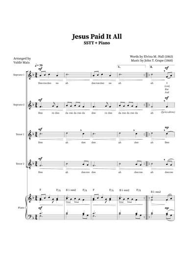 Jesus Paid It All - SSTT Quartet or Choir (Piano Accompaniment + Chords) (arr. Valdir Maia)