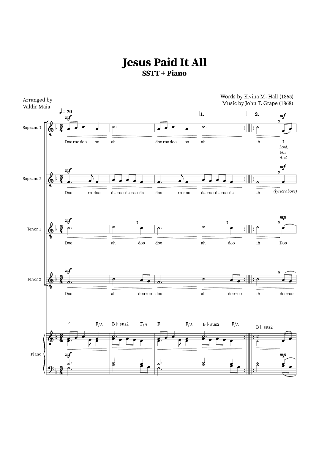 Jesus Paid It All - SSTT Quartet or Choir (Piano Accompaniment + Chords) (arr. Valdir Maia)