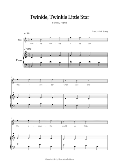 Twinkle, Twinkle Little Star • Easy flute sheet music with easy piano accompaniment (arr. Benzaiten Editions)