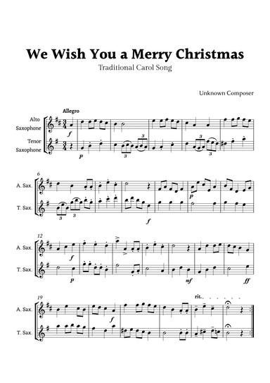 We Wish you a Merry Christmas for Alto Sax and Tenor Sax Duet (arr. Rika K.)