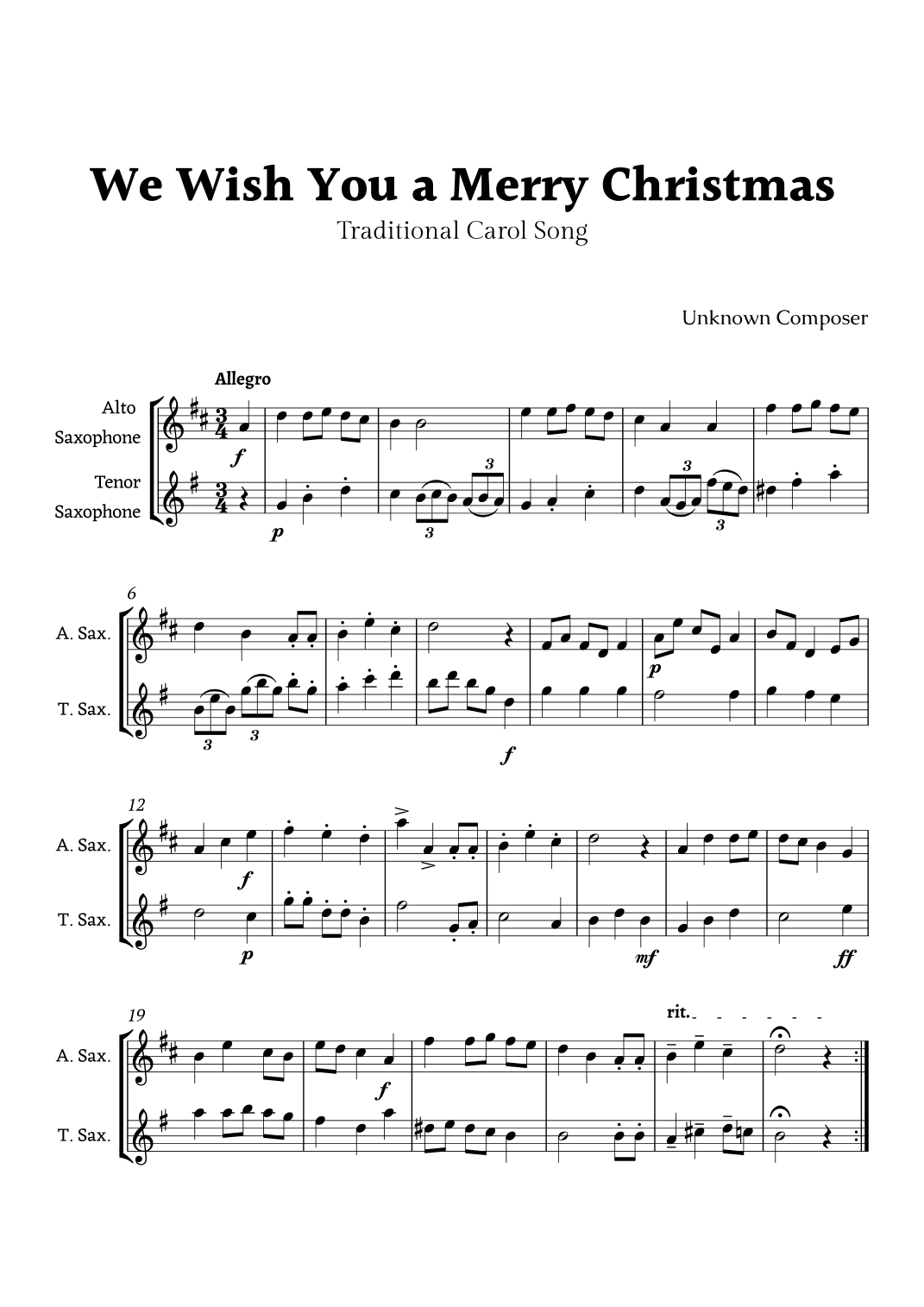 We Wish you a Merry Christmas for Alto Sax and Tenor Sax Duet (arr. Rika K.)