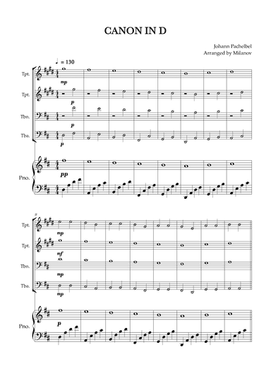 Canon in D | Pachelbel | Brass quartet | Piano accompaniment (arr. Milanov)