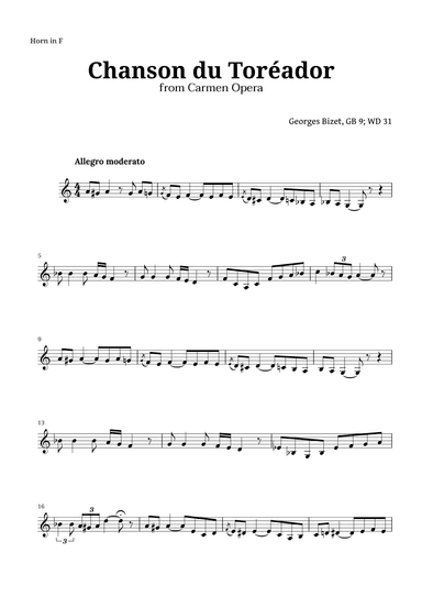 Chanson du Toreador by Bizet for French Horn (arr. Langanho)