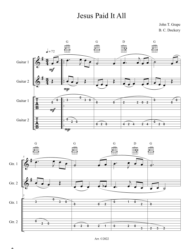 Jesus Paid It All (Guitar Duet or Trio with TAB) (arr. B. C. Dockery)